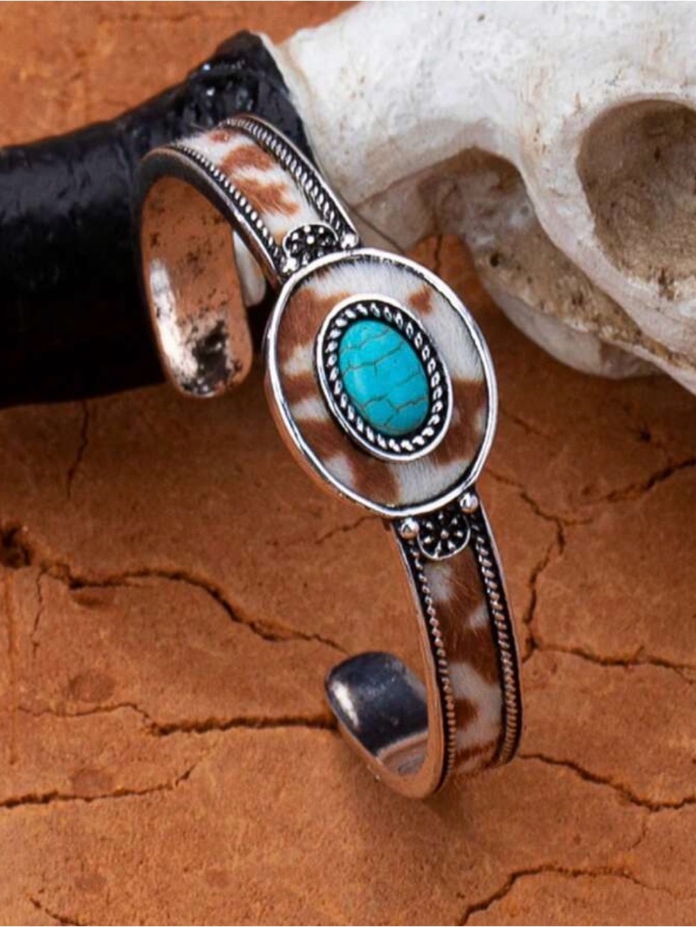 Western Turquoise and Brown Cowhide Accent Cuff Bracelet